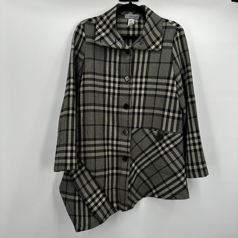 Moonlight Jacket Womens Medium Gray‎ Black Plaid Asymmetrical Button Up Made USA